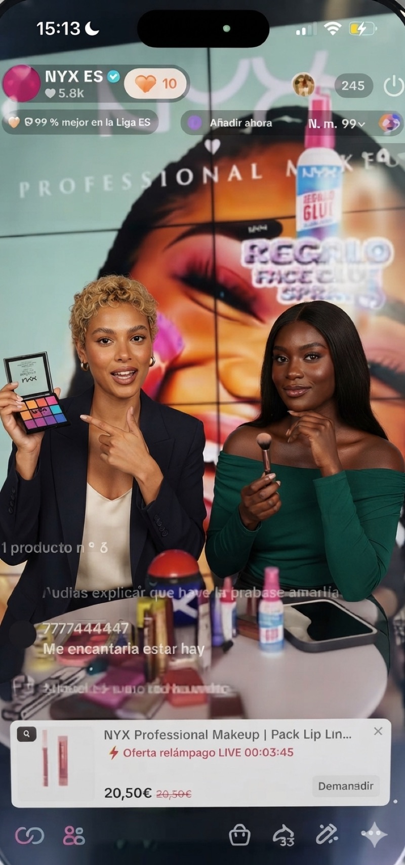 NYX Professional Makeup LIVE with two hosts showing an eyeshadow palette and brush