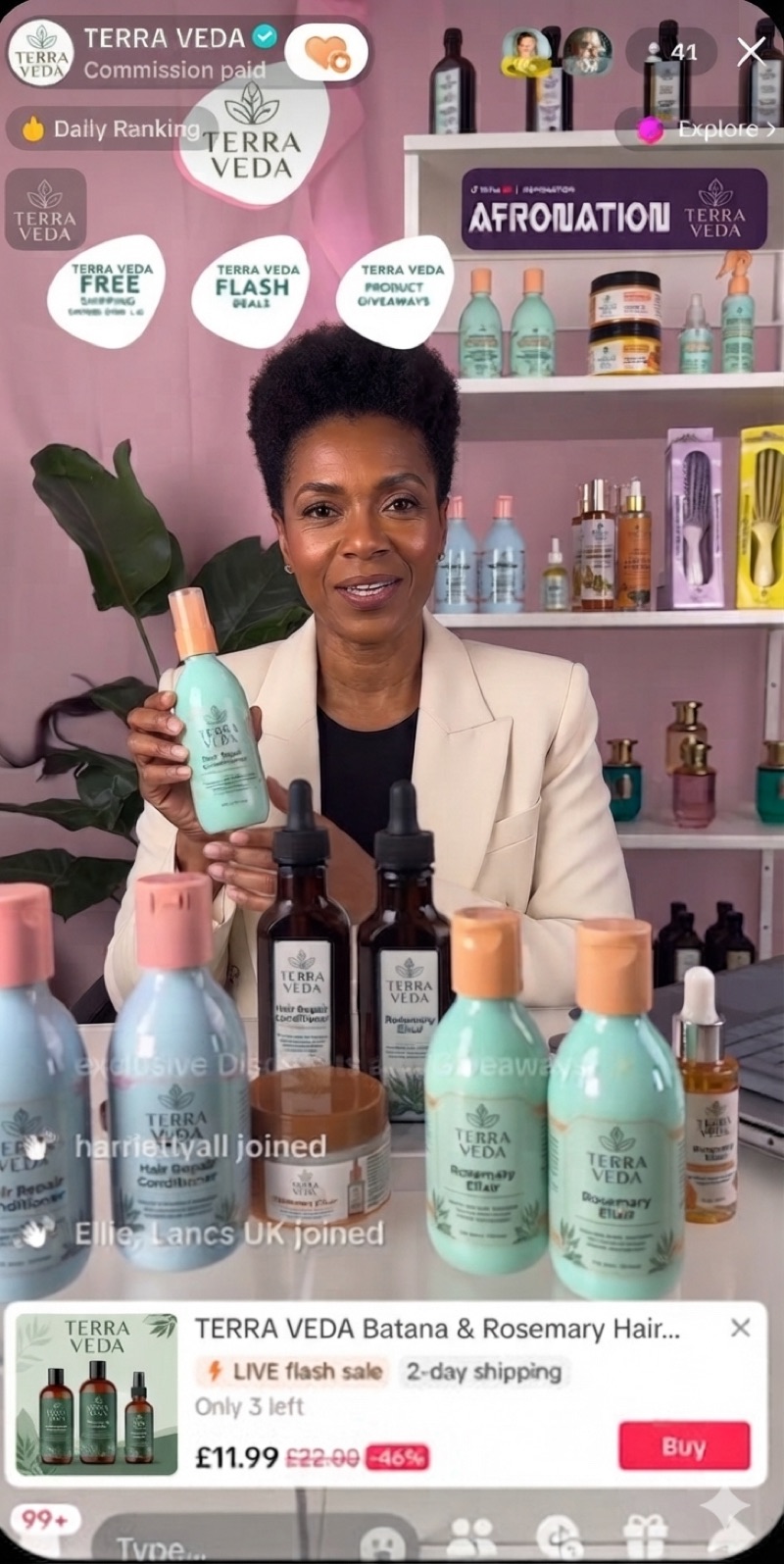 TERRA VEDA LIVE seller presenting a hair repair conditioner beside a shelf of haircare products